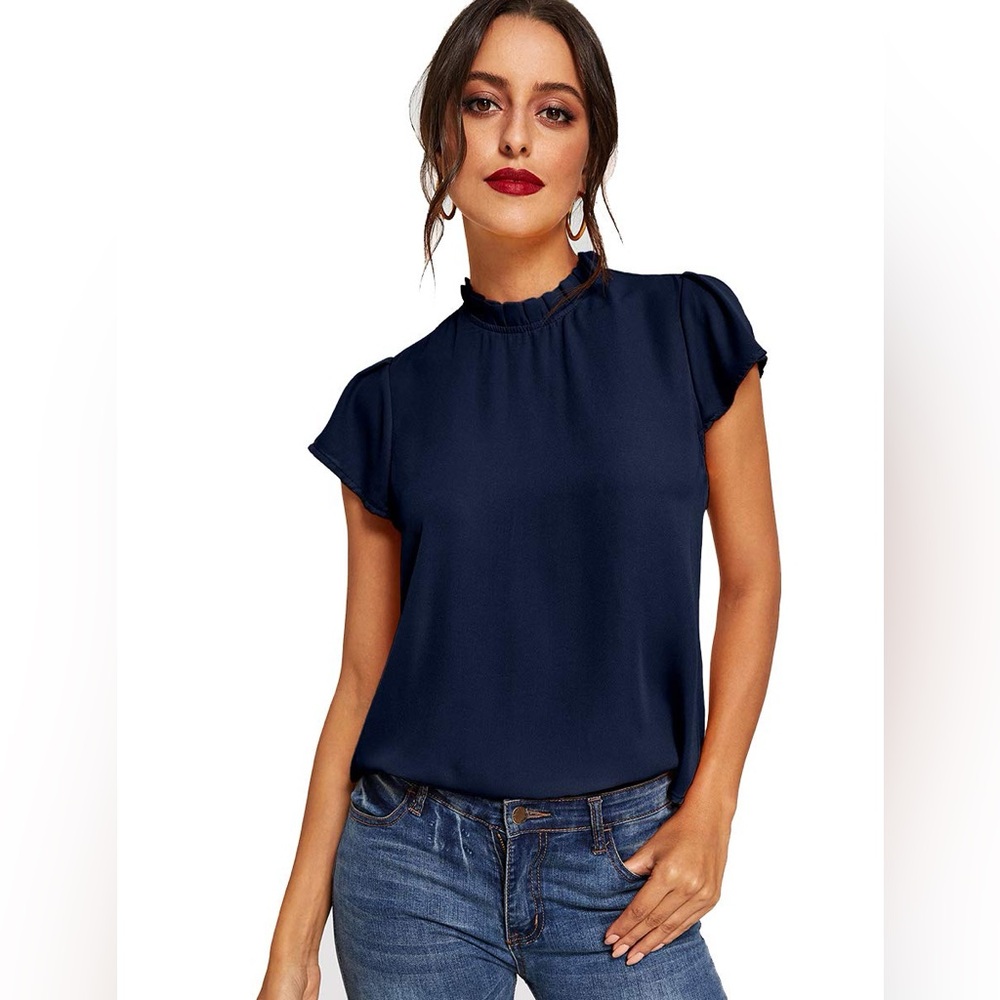 ROMWE Navy Blue Ruffle Neck Blouse